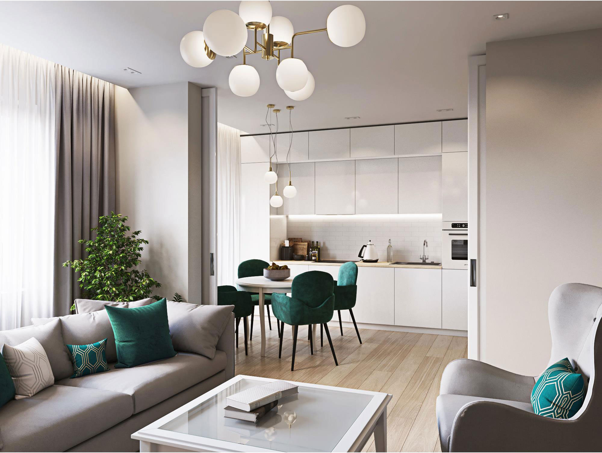 освещение в гостиной совмещенной с кухней.